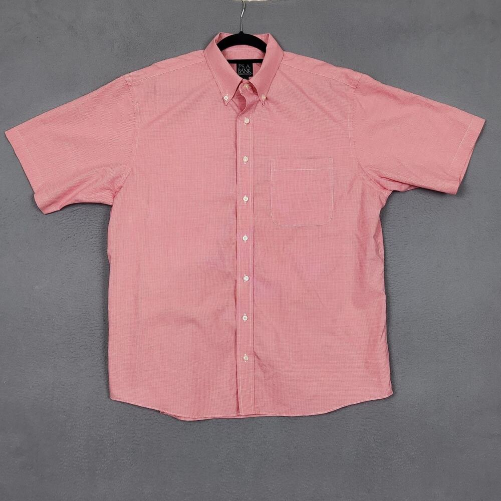 Jos A Bank Shirt Mens XL Pink Check Short Sleeve Button Up Wrinkle Resistant